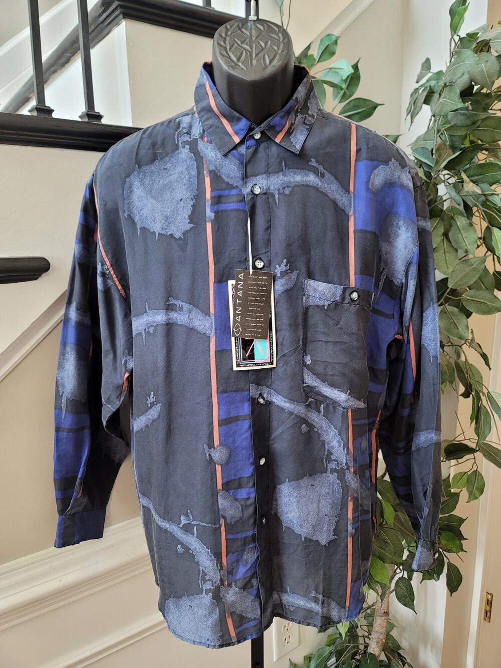 Rare Santana Button Up Shirt Men Large Navy Blue 100% Slik Long Sleeves Collared
